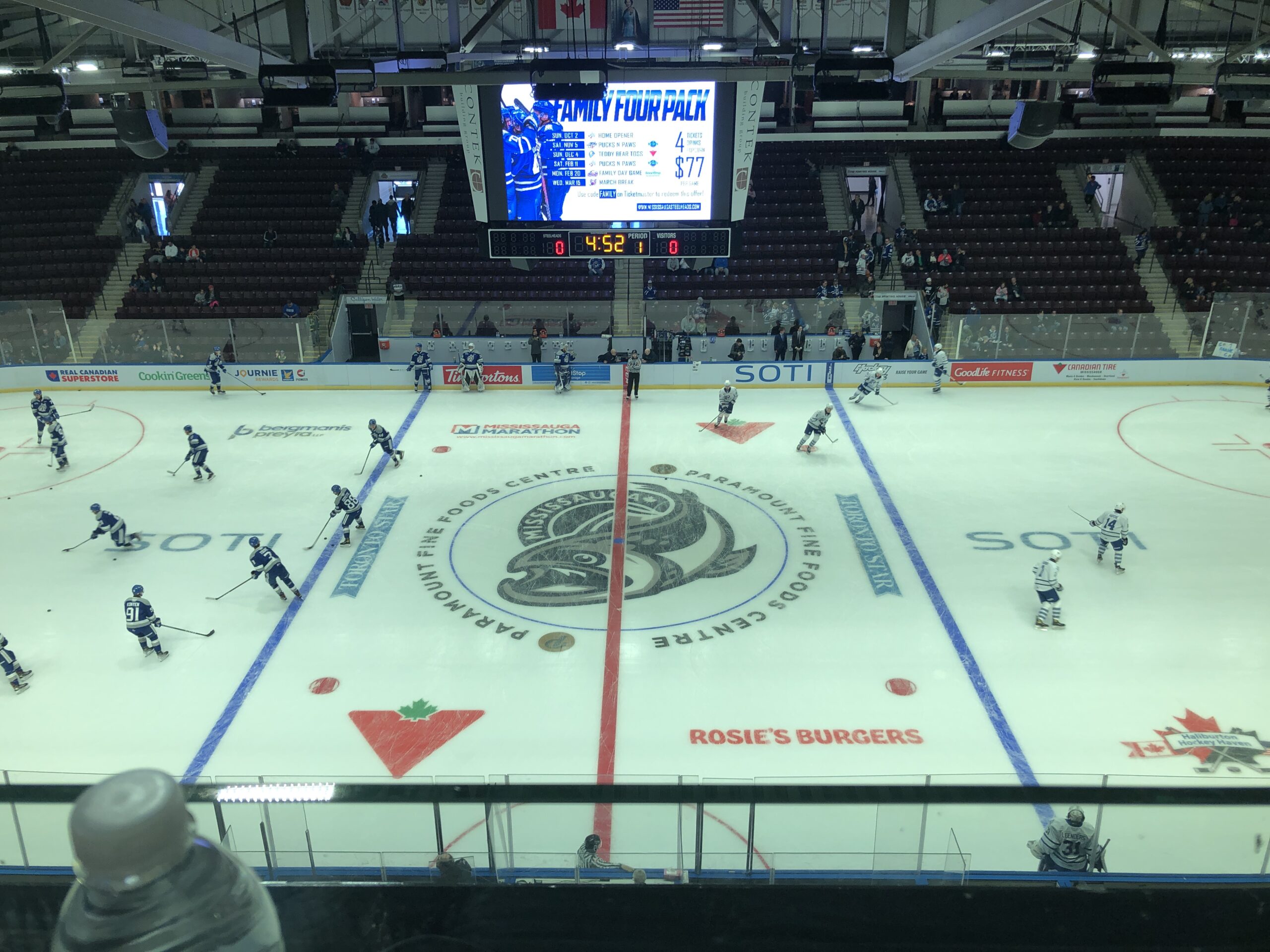 The view of a game between the Mississauga Steelheads and Sudbury Wolves from the press box at paramount Fine Foods Centre