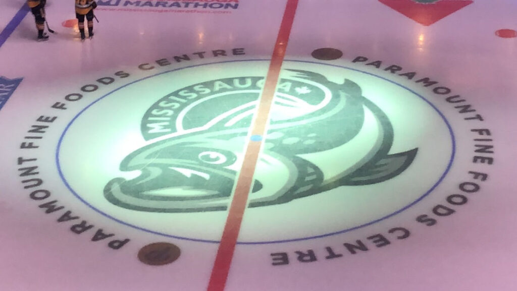 The Steelheads logo on the ice at Paramount Fine Foods Centre